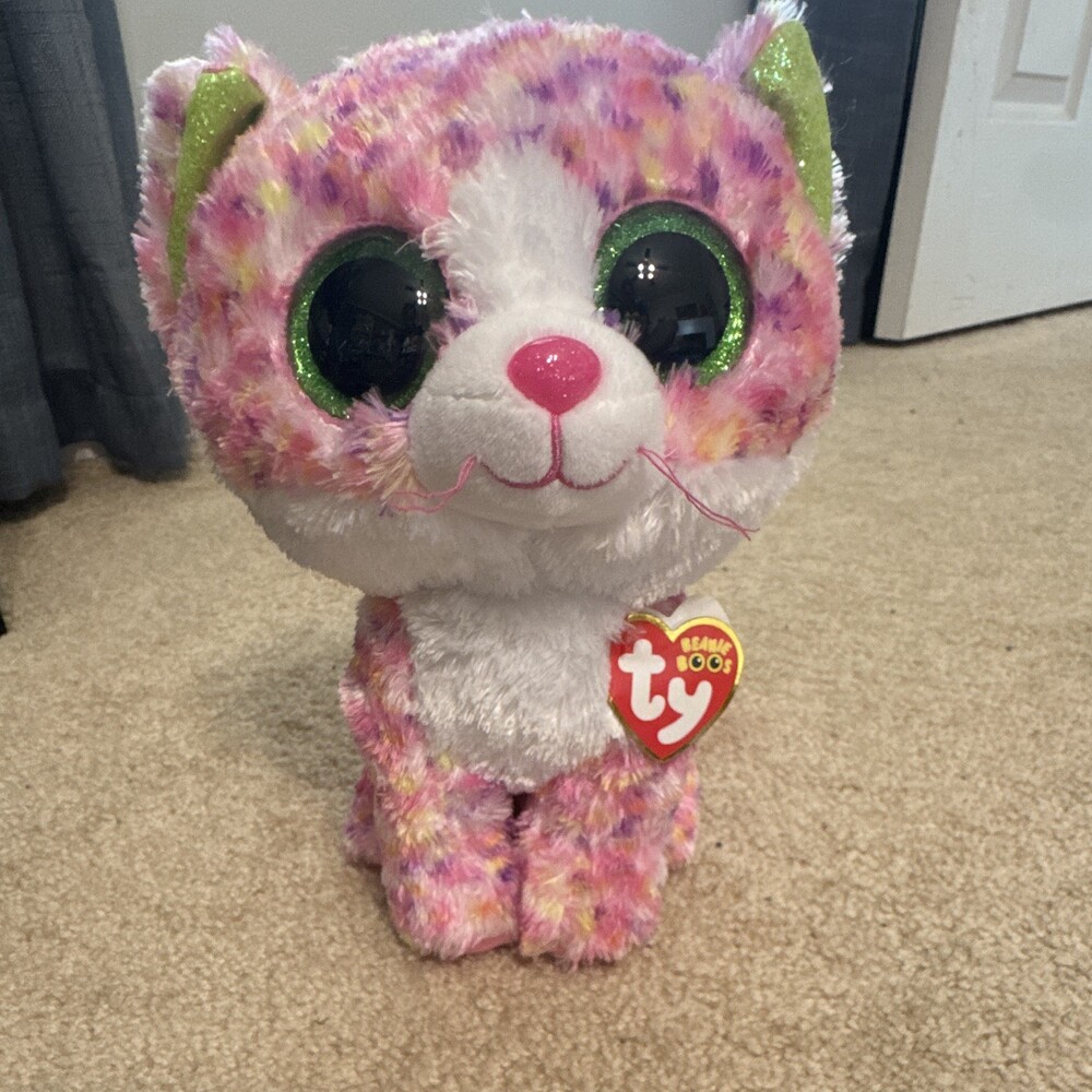 Ty Beanie Boos Cat Plush Pink Purple White w/ Green Glitter Eyes 2018 36824